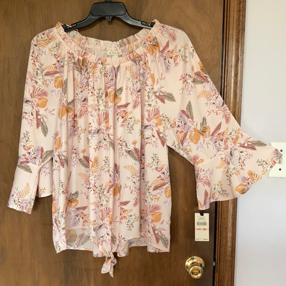 Emaline top floral print bell sleeve blouse tie detail boho Casual office 2X - Picture 4 of 17